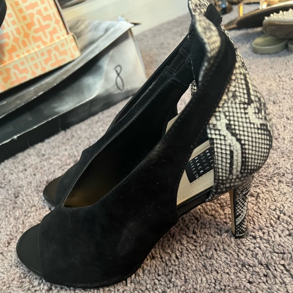 White House Black Market Shoes - White House Black Market - black suede and snake skin open toe heels